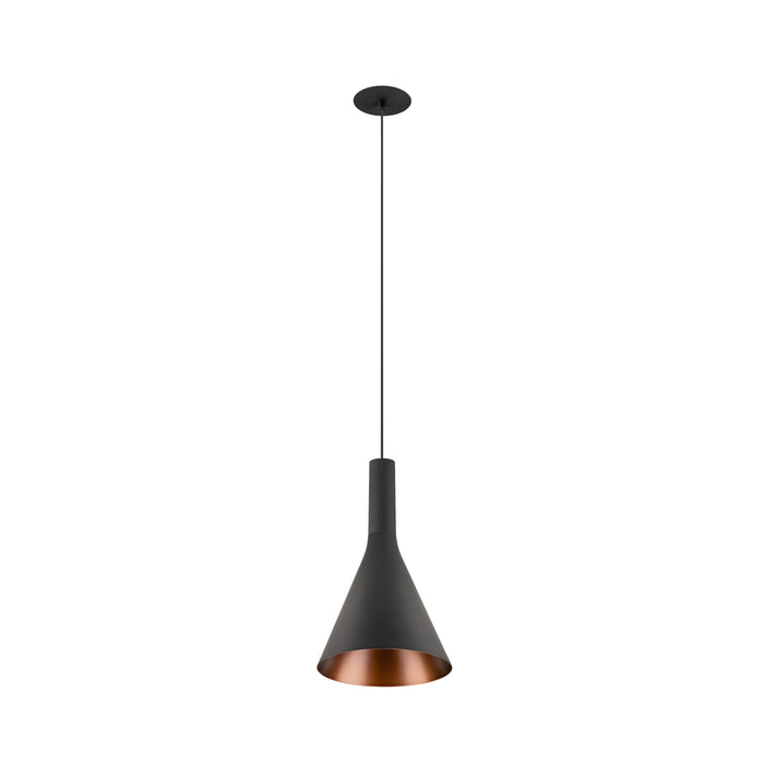 Black metal pendant light fixture with copper interior.