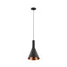 Black metal pendant light fixture with copper interior.