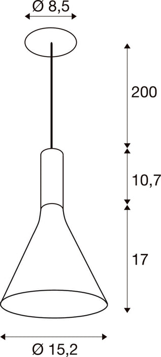 Technical drawing with dimensions of a pendant light fixture.