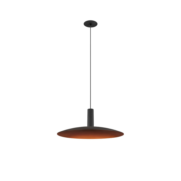 Modern pendant light fixture, black finish, metal shade with copper interior, ceiling mounted.