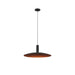 Modern pendant light fixture, black finish, metal shade with copper interior, ceiling mounted.