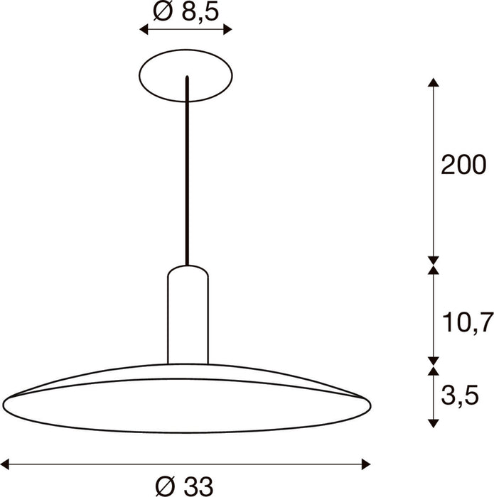 Technical drawing of a pendant light fixture with dimensions.