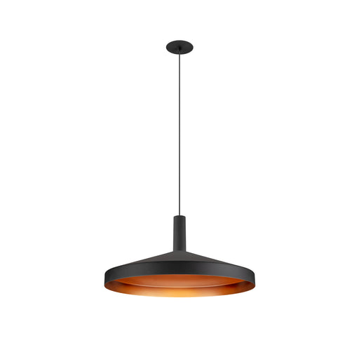 Metal pendant light fixture with a black finish and a copper-colored interior.