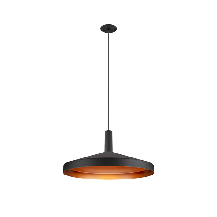 Metal pendant light fixture with a black finish and a copper-colored interior.