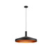 Metal pendant light fixture with a black finish and a copper-colored interior.