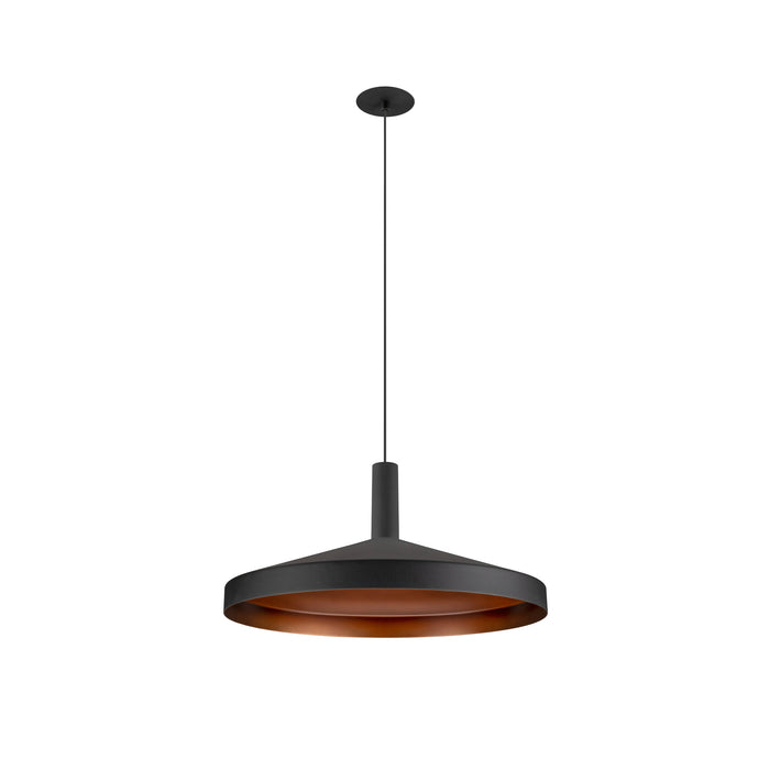 Modern pendant light fixture, metal with black finish, copper interior, ceiling mounted.