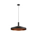 Modern pendant light fixture, metal with black finish, copper interior, ceiling mounted.