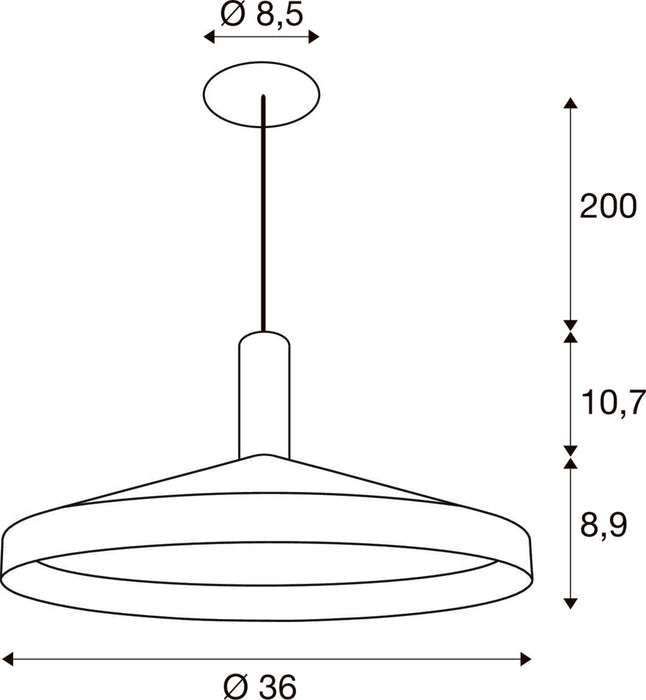 Technical drawing of a pendant light fixture with dimensions.