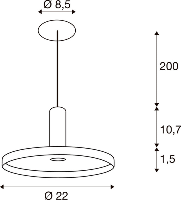 Technical drawing of a pendant light fixture with dimensions.