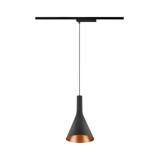 Black metal track pendant light with copper interior.