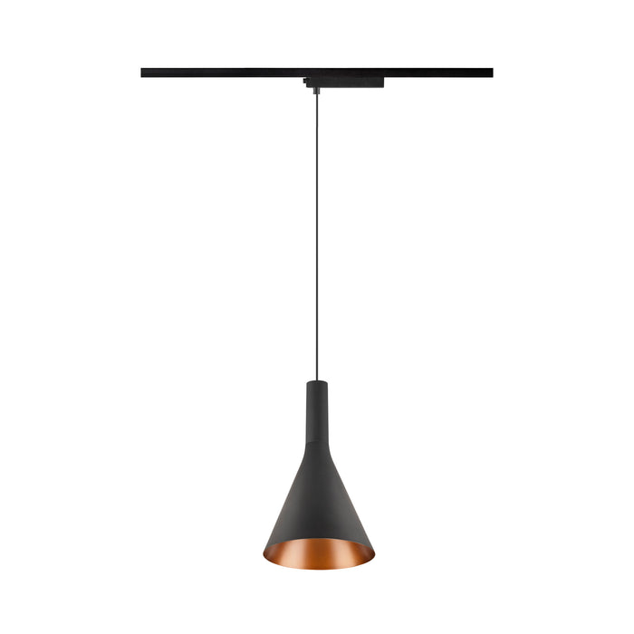 Black metal track pendant light with copper interior.