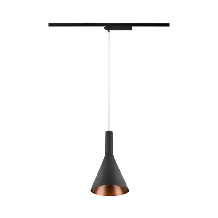 Black metal track pendant light fixture with copper interior.