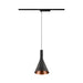 Black metal track pendant light fixture with copper interior.