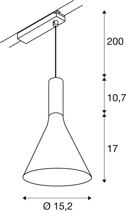 Line drawing of a cone-shaped pendant light fixture with track mounting and dimensions.