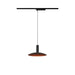 Black metal track pendant light fixture with copper-colored interior.