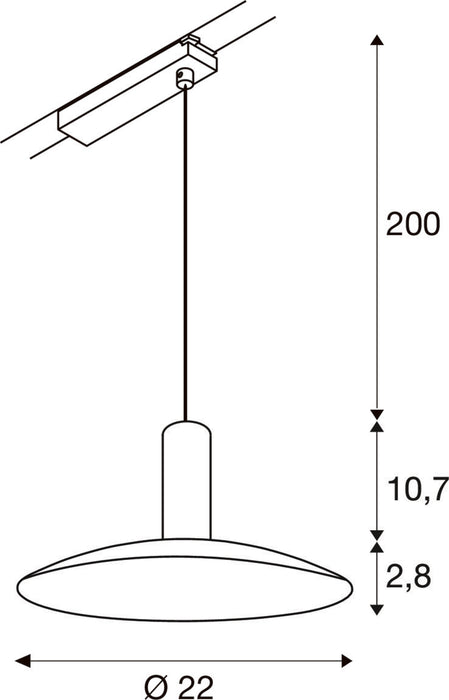 Technical drawing of a track-mounted pendant light fixture with dimensions.