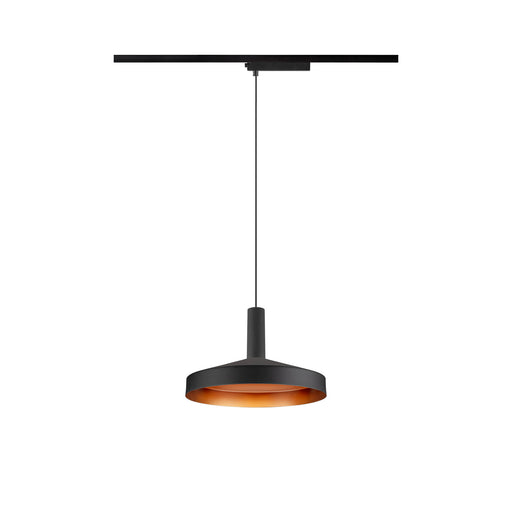 Black metal track pendant light fixture with copper-colored interior.