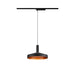 Black metal track pendant light fixture with copper-colored interior.