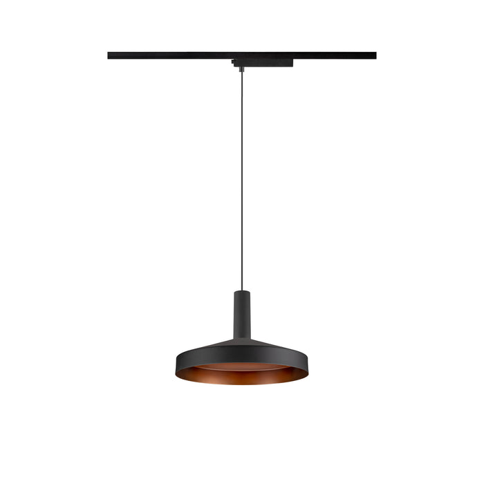 Black metal pendant light with copper-colored interior, track mounted.