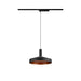 Black metal pendant light with copper-colored interior, track mounted.
