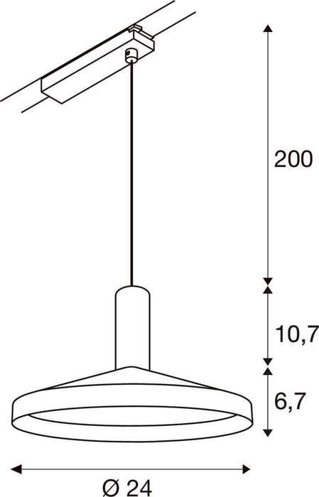 Technical drawing of a ceiling-mounted pendant light fixture with dimensions.