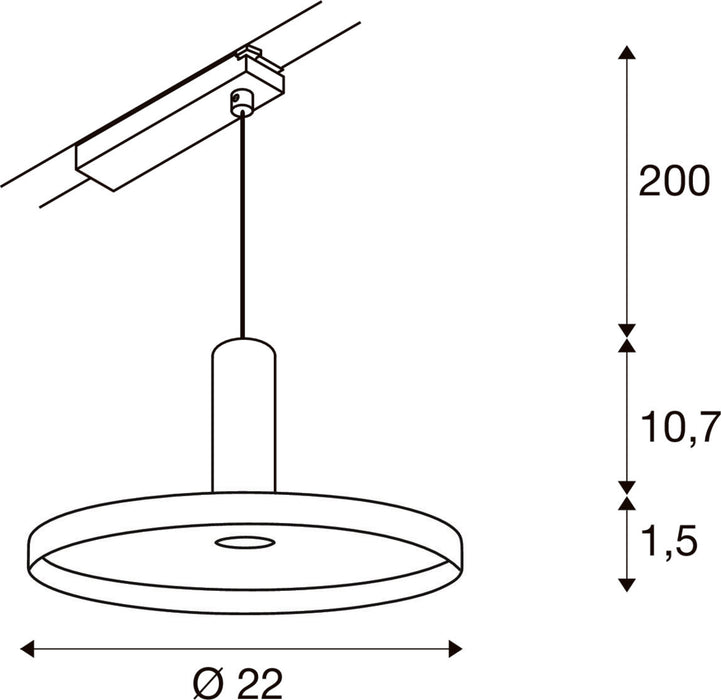 Technical drawing of a track-mounted pendant light fixture with dimensions.