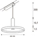 Technical drawing of a track-mounted pendant light fixture with dimensions.
