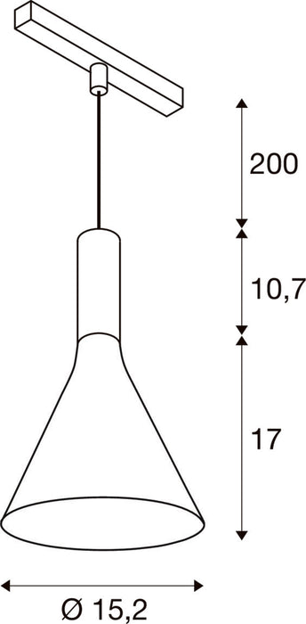 Technical drawing of a cone-shaped pendant light fixture with dimensions.