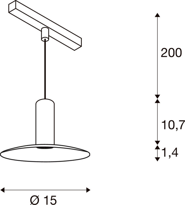 Technical drawing of a ceiling-mounted pendant light fixture with dimensions.