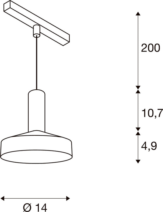 Technical drawing of a ceiling-mounted pendant light fixture with dimensions.
