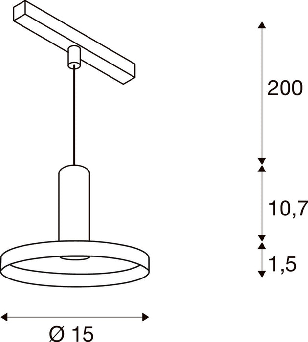 Technical drawing of a white pendant light fixture with dimensions.