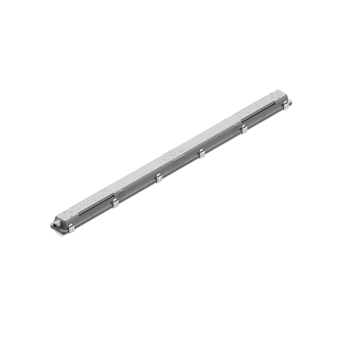 Gray surface-mounted LED linear light fixture with metal clips.