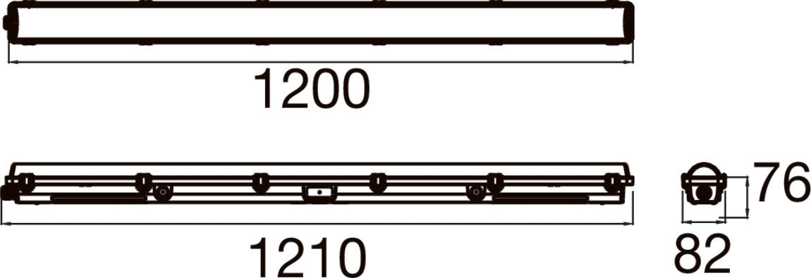 Technical drawing of a linear light fixture with dimensions.