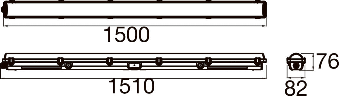 Technical drawing of a linear LED light fixture, showing dimensions.