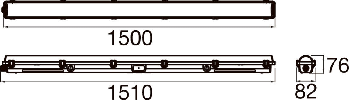 Technical drawing with dimensions of a linear LED light fixture.