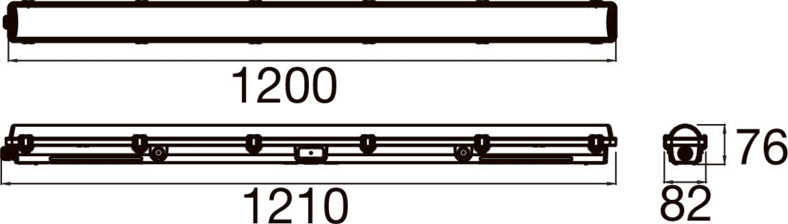 Technical drawing of a 1200mm long linear light fixture with dimensions.