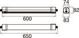 Technical drawing of a linear light fixture with dimensions.