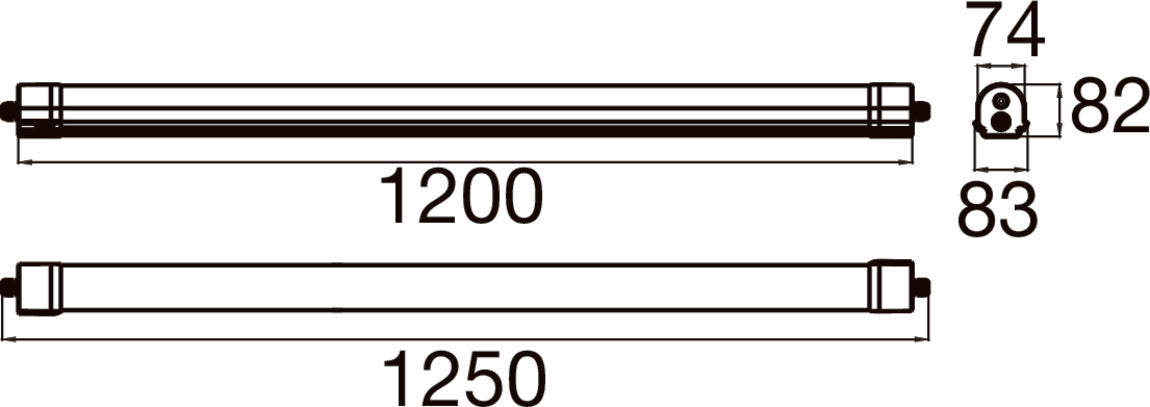 Technical drawing of a 1200mm LED tube light fixture, showing dimensions.