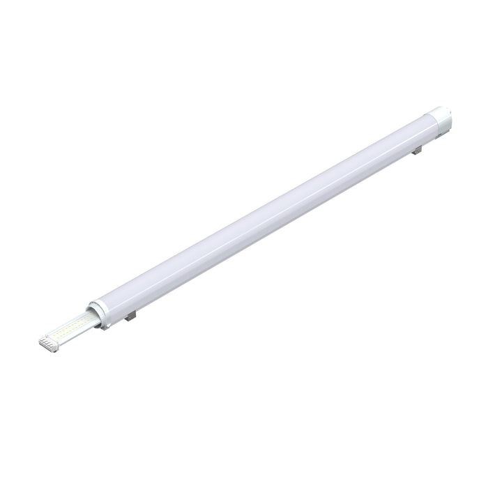 White LED tube light fixture with surface mounting brackets.
