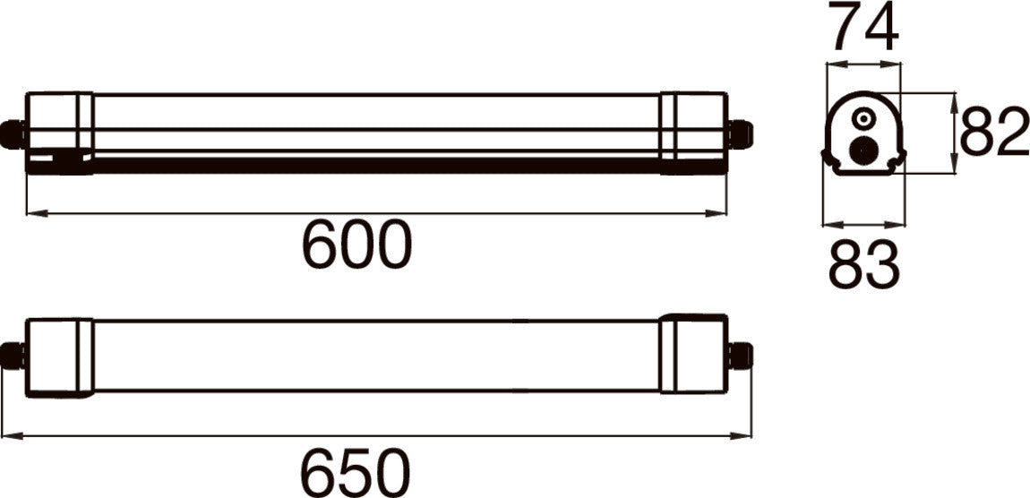 Technical drawing of a linear light fixture with dimensions.