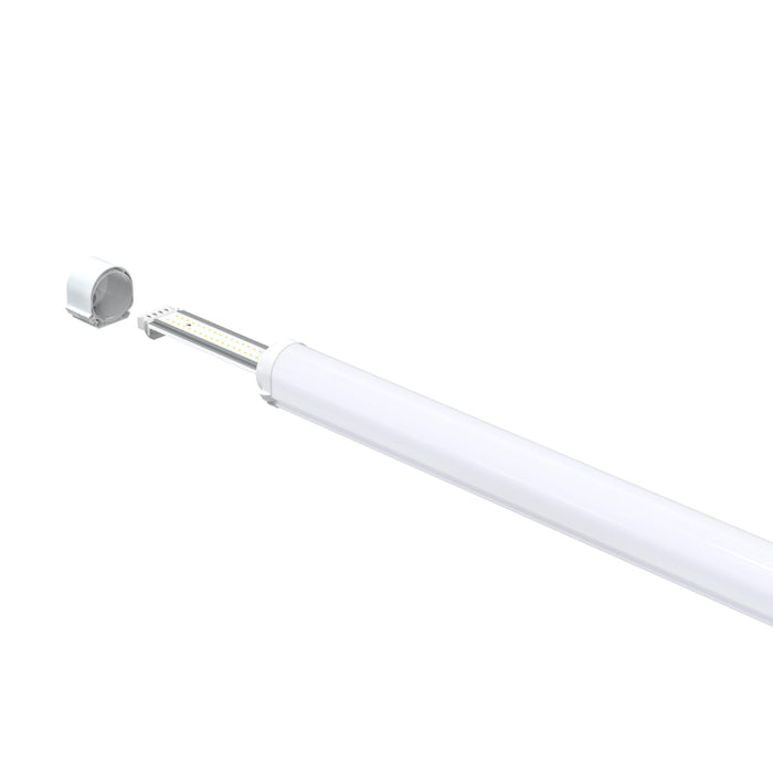 White LED linear light fixture with end cap removed.