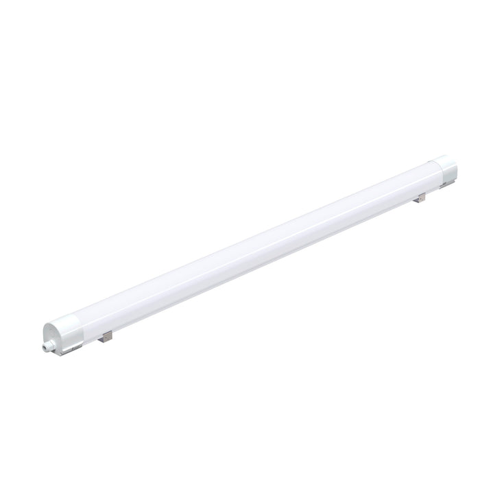 White LED tube light fixture with surface mounting clips.