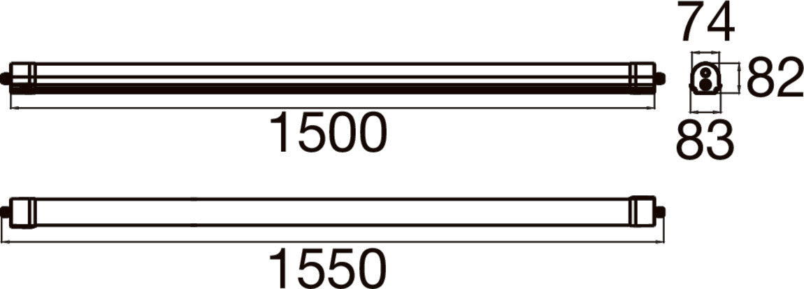 Technical drawing of a linear light fixture with dimensions.