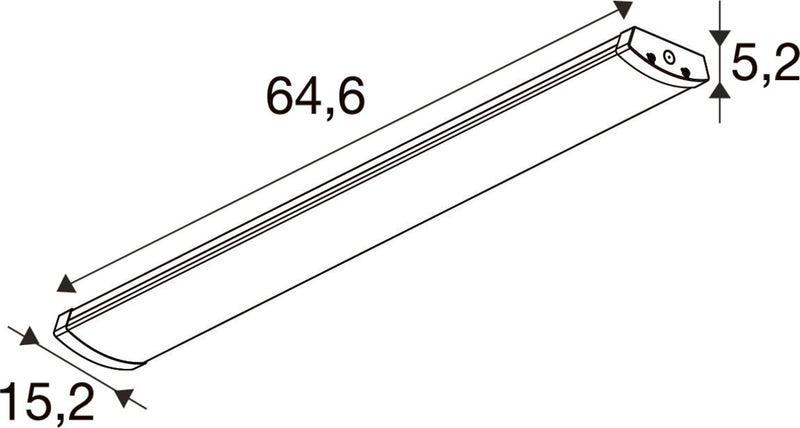 Technical drawing of a white LED strip light with dimensions.