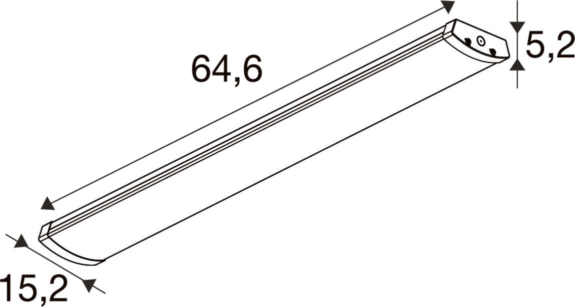Technical drawing of a white LED strip light with dimensions.
