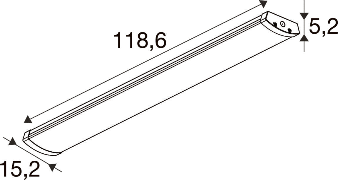 Dimensional drawing of a white linear LED light fixture.