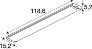 Technical drawing of a white linear LED light fixture with dimensions.