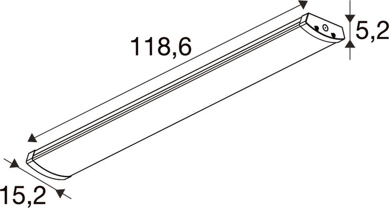 Technical drawing of a white linear LED light fixture with dimensions.