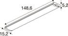 Technical drawing of a white linear LED light fixture with dimensions.