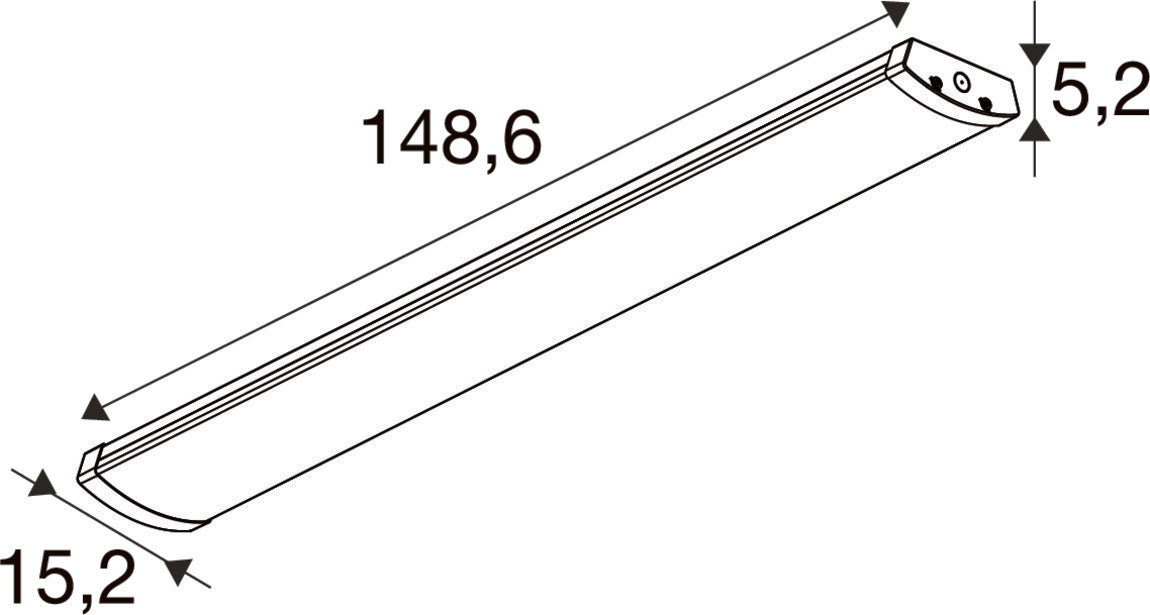 Technical drawing of a white linear LED light fixture with dimensions.